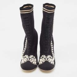Pre Owned Fendi Black Knit Fabric Pearl Embellished Sock Ankle Boots Size 39