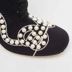 Pre Owned Fendi Black Knit Fabric Pearl Embellished Sock Ankle Boots Size 39