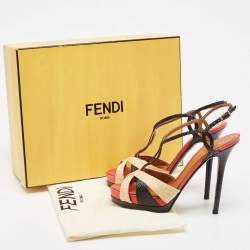 Pre Owned Fendi Tri Color Raffia and Snakeskin Strappy Slingback Platform Sandals Size 38