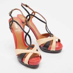 Pre Owned Fendi Tri Color Raffia and Snakeskin Strappy Slingback Platform Sandals Size 38