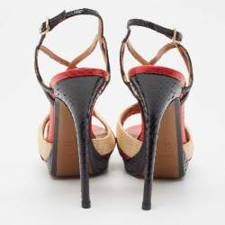 Pre Owned Fendi Tri Color Raffia and Snakeskin Strappy Slingback Platform Sandals Size 38