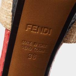 Pre Owned Fendi Tri Color Raffia and Snakeskin Strappy Slingback Platform Sandals Size 38