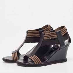 Fendi Black/Brown Leather and Elastic Fabric T-Strap Espadrille Wedge Sandals Size 38