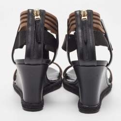 Fendi Black/Brown Leather and Elastic Fabric T-Strap Espadrille Wedge Sandals Size 38