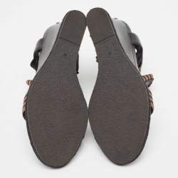 Fendi Black/Brown Leather and Elastic Fabric T-Strap Espadrille Wedge Sandals Size 38