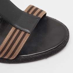 Fendi Black/Brown Leather and Elastic Fabric T-Strap Espadrille Wedge Sandals Size 38