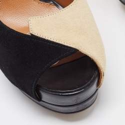 Pre Owned Fendi Black/Beige Suede Peep Toe Platform Pumps Size 38
