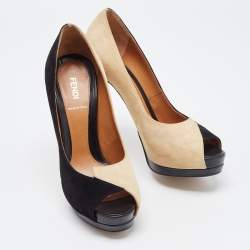Pre Owned Fendi Black/Beige Suede Peep Toe Platform Pumps Size 38
