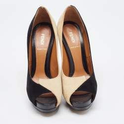 Pre Owned Fendi Black/Beige Suede Peep Toe Platform Pumps Size 38