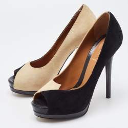 Pre Owned Fendi Black/Beige Suede Peep Toe Platform Pumps Size 38