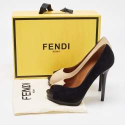 Pre Owned Fendi Black/Beige Suede Peep Toe Platform Pumps Size 38