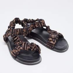 مملوكة مسبقًا Fendi Brown Zucca Satin Feel Ankle Strap Sandals Size 39