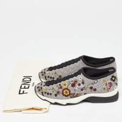 Pre Owned Fendi Grey Floral Embroidered Knit Fabric Slip On Sneakers Size 36