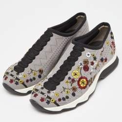 Pre Owned Fendi Grey Floral Embroidered Knit Fabric Slip On Sneakers Size 36
