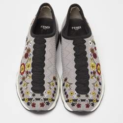 Pre Owned Fendi Grey Floral Embroidered Knit Fabric Slip On Sneakers Size 36
