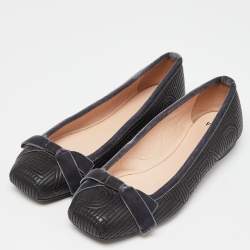 Pre Owned Fendi Black/Grey Leather and Velvet Bow Ballet Flats Size 39