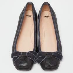 Pre Owned Fendi Black/Grey Leather and Velvet Bow Ballet Flats Size 39