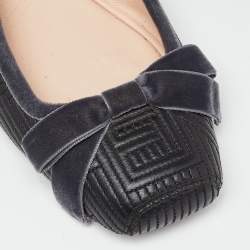 Pre Owned Fendi Black/Grey Leather and Velvet Bow Ballet Flats Size 39
