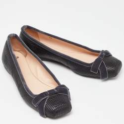 Pre Owned Fendi Black/Grey Leather and Velvet Bow Ballet Flats Size 39