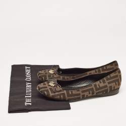 Pre Owned Fendi Brown Zucca Canvas Logo Bow Ballet Flats Size 39