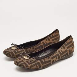 Pre Owned Fendi Brown Zucca Canvas Logo Bow Ballet Flats Size 39