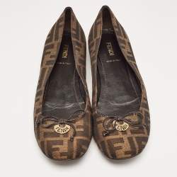 Pre Owned Fendi Brown Zucca Canvas Logo Bow Ballet Flats Size 39