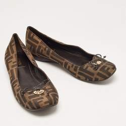 Pre Owned Fendi Brown Zucca Canvas Logo Bow Ballet Flats Size 39