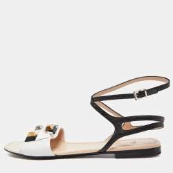 Fendi Tri Color Studded Leather and Lizard Embossed Flat Ankle Strap Sandals Size 39