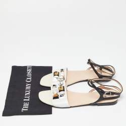 Fendi Tri Color Studded Leather and Lizard Embossed Flat Ankle Strap Sandals Size 39