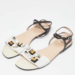 Fendi Tri Color Studded Leather and Lizard Embossed Flat Ankle Strap Sandals Size 39