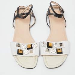 Fendi Tri Color Studded Leather and Lizard Embossed Flat Ankle Strap Sandals Size 39
