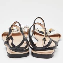 Fendi Tri Color Studded Leather and Lizard Embossed Flat Ankle Strap Sandals Size 39