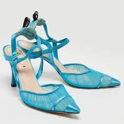 Pre Owned Fendi Blue Satin and Tulle Fabric Colibri Slingback Pumps Size 38