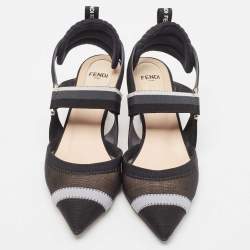 Pre Owned Fendi Black/White Mesh and Canvas Colibri Slingback Pumps Size 36.5