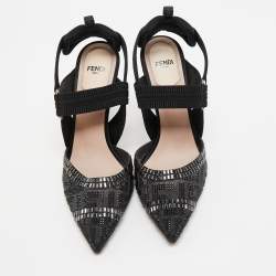 Pre Owned Fendi Black Embellished Mesh And Nylon Colibri Slingback Sandals Size 38