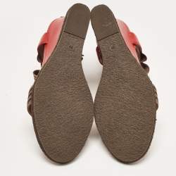 Pre Owned Fendi Red/Brown Leather and Elastic T-Strap Espadrille Wedge Sandals Size 39