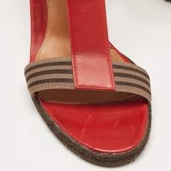 Pre Owned Fendi Red/Brown Leather and Elastic T-Strap Espadrille Wedge Sandals Size 39