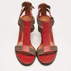 Pre Owned Fendi Red/Brown Leather and Elastic T-Strap Espadrille Wedge Sandals Size 39
