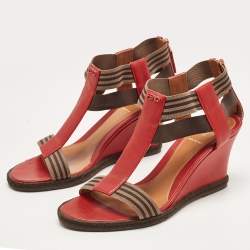 Pre Owned Fendi Red/Brown Leather and Elastic T-Strap Espadrille Wedge Sandals Size 39
