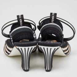 Pre Owned Fendi Brown/Black Mesh and Zucca Fabric Ankle Strap Slingback Sandals Size 38
