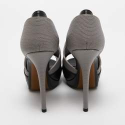 Fendi Grey/Black Leather and Lizard Embossed Leather Peep Toe  Anemone Pumps Size 36.5