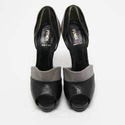 Fendi Grey/Black Leather and Lizard Embossed Leather Peep Toe  Anemone Pumps Size 36.5