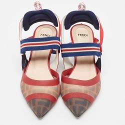 Pre Owned Fendi Tricolor Zucca Mesh and Leather Colibri Slingback Pumps Size 37