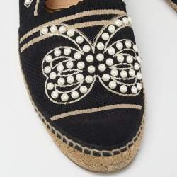 Pre Owned Fendi Black/Beige Knit Fabric Pearl Embellished Espadrille Flats Size 41