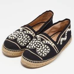 Pre Owned Fendi Black/Beige Knit Fabric Pearl Embellished Espadrille Flats Size 41