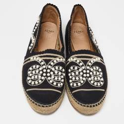 Pre Owned Fendi Black/Beige Knit Fabric Pearl Embellished Espadrille Flats Size 41