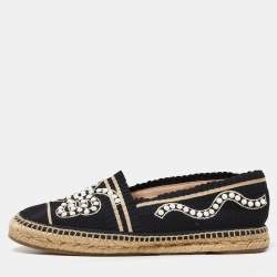 Pre Owned Fendi Black/Beige Knit Fabric Pearl Embellished Espadrille Flats Size 41