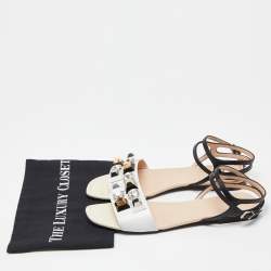 Pre Owned Fendi White/Black Lizard Embossed Leather Studded Ankle Strap Flat Sandals Size 40