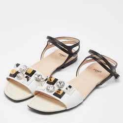 Pre Owned Fendi White/Black Lizard Embossed Leather Studded Ankle Strap Flat Sandals Size 40