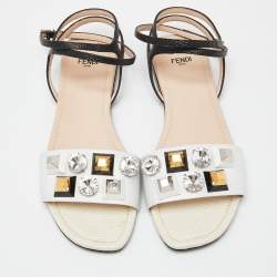 Pre Owned Fendi White/Black Lizard Embossed Leather Studded Ankle Strap Flat Sandals Size 40